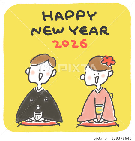 着物で正月の挨拶をするカップルの手描きのかわいい年賀状　2026 正方形・SNS・Insta用 129378640
