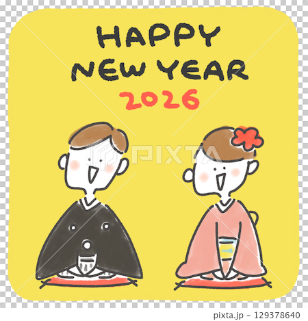 着物で正月の挨拶をするカップルの手描きのかわいい年賀状　2026 正方形・SNS・Insta用 129378640