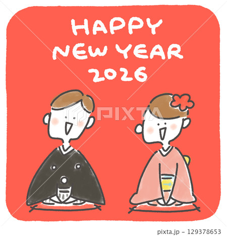 着物で正月の挨拶をするカップルの手描きのかわいい年賀状　2026 正方形・SNS・Insta用 129378653