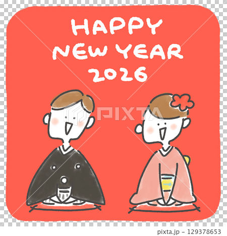 着物で正月の挨拶をするカップルの手描きのかわいい年賀状　2026 正方形・SNS・Insta用 129378653