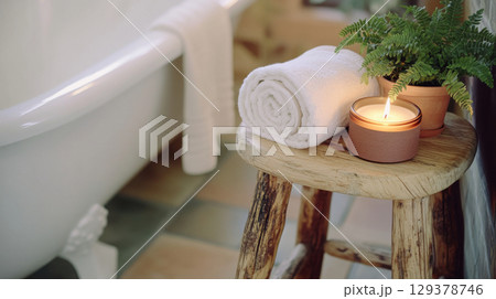 Relaxing spa scene with lit candle, fern, and rolled towel on wooden stool, background Relaxing spa scene with lit candle, fern, and rolled towel on wooden stool, background 129378746
