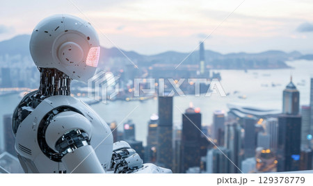 AI robot with human-like features overlooking cityscape, futuristic concept 129378779