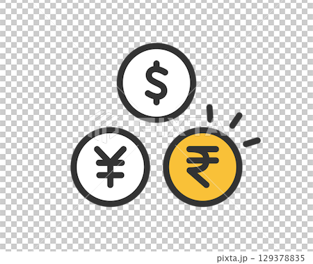 Simple vector icons of international currencies (dollar, yen, rupee) 129378835