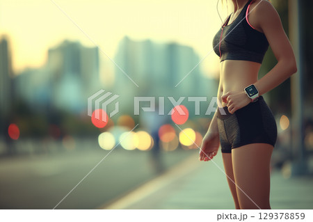 Woman Showing Fitness Stats on Wrist in Urban Environment at Sunset 129378859