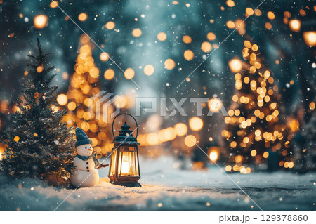 Charming Christmas Scene with Snowman, Lantern, and Bokeh Background of Festive Tree Lights 129378860