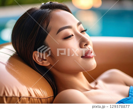 プールでくつろぐ若い女性/ Pūru de kutsurogu wakai josei Young  プールでくつろぐ若い女性/ Pūru de kutsurogu wakai josei Young  129378877