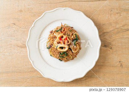 fried rice with squid and basil in Thai style fried rice with squid and basil in Thai style 129378907