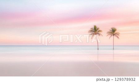 Two palm trees on serene sunset beach with pastel sky, nature background 129378932