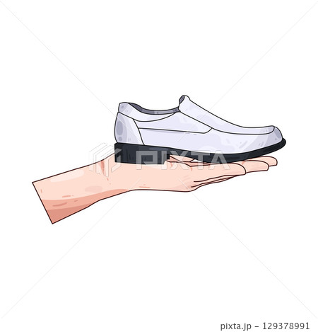 illustration of hand holding loafers 129378991