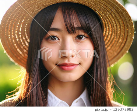 麦わら帽子をかぶる若い女性/ Young woman wearing a straw hat	 129378992