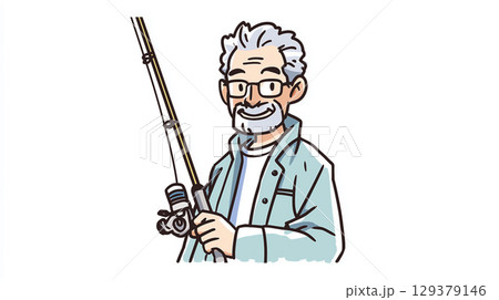 笑顔のシニア男性が釣り竿を手に楽しそうに立っている姿 笑顔のシニア男性が釣り竿を手に楽しそうに立っている姿 129379146