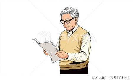 新聞を読むグレー髪のシニア男性 129379166