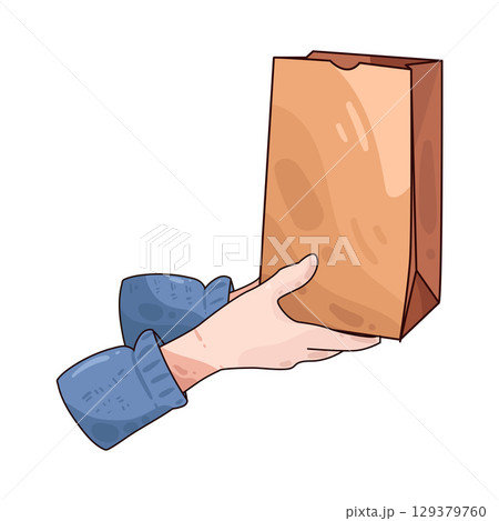 illustration of hand holding paper bag illustration of hand holding paper bag 129379760