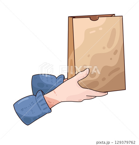 illustration of hand holding paper bag 129379762