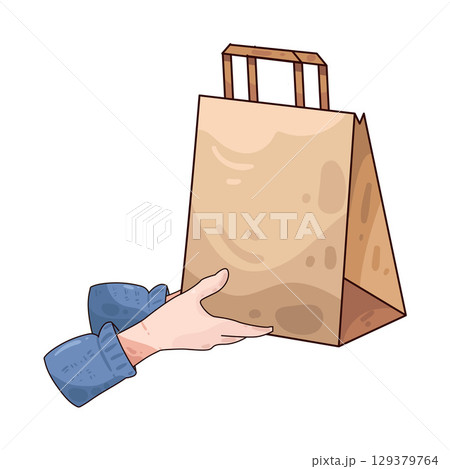 illustration of hand holding paper bag illustration of hand holding paper bag 129379764