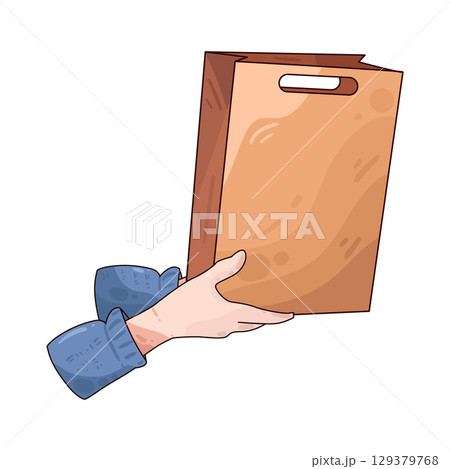 illustration of hand holding paper bag 129379768