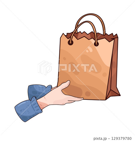 illustration of hand holding paper bag 129379780