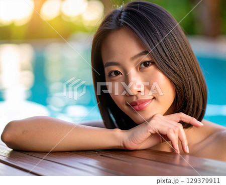 プールサイドで微笑む若い女性/ Young woman smiling by the pool 129379911