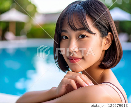プールサイドで微笑む若い女性/ Young woman smiling by the pool プールサイドで微笑む若い女性/ Young woman smiling by the pool 129379918