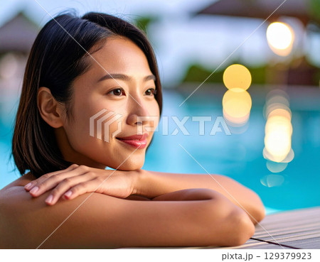 プールサイドで微笑む若い女性/ Young woman smiling by the pool 129379923