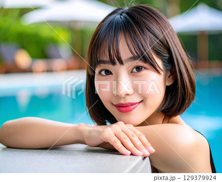 プールサイドで微笑む若い女性/ Young woman smiling by the pool 129379924