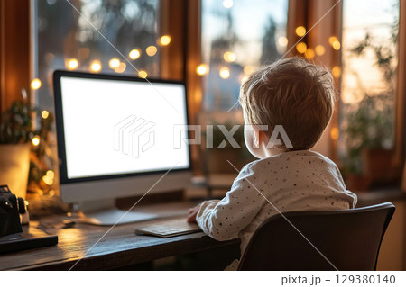 White monitor screen on the table in front of a child sitting in a chair. 129380140
