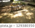 木漏れ日に照らされるベンチ 129380350