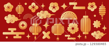 Golden Chinese New Year Set with Lanterns and Clouds 129380465