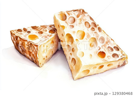 Fresh Artisan Cheese Blocks with Texture and Holes in Soft Creamy Colors Ideal for Culinary Designs and Food Illustrations 129380468