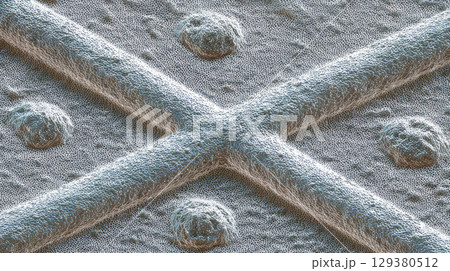 Polymer matrix reveals structured cells in perfect symmetry. Micro-texture forms raised X-shaped channels on the surface. Complex technology close up. 129380512