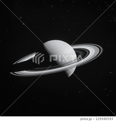 Stunning View of Saturn with Detailed Rings and Deep Space Background in Black and White Imagery for Cosmic Enthusiasts 129380543