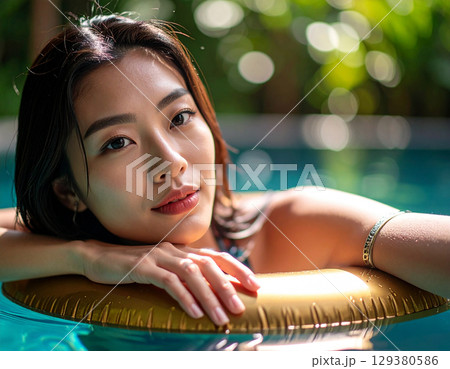 浮き輪で遊ぶ若い女性/ Young woman playing with a swim ring 129380586