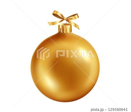 Gold Christmas bauble with ribbon and bow on white background. Vector illustration. Christmas decoration Gold Christmas bauble with ribbon and bow on white background. Vector illustration. Christmas decoration 129380641