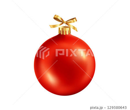 Red Gold Christmas bauble with ribbon and bow on white background. Vector illustration. Christmas decoration Red Gold Christmas bauble with ribbon and bow on white background. Vector illustration. Christmas decoration 129380643