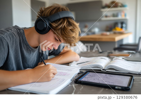 Boy doing homework with headphones 129380676