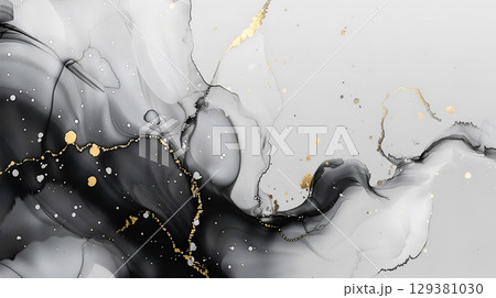Elegant marble ink background with flowing patterns and golden accents for creative design 129381030
