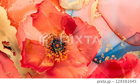 Vibrant poppy blooms across a colorful marble ink background with gold accents in soft pastel hues 129381045