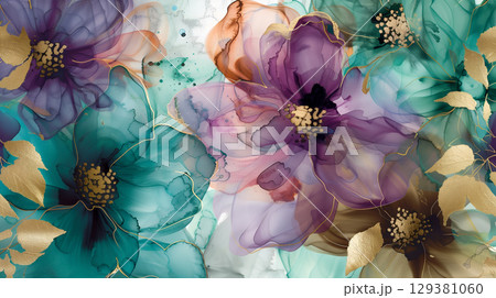 Vibrant flowers with gold accents on a marble ink background in a serene composition Vibrant flowers with gold accents on a marble ink background in a serene composition 129381060