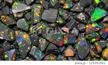 Vibrant opal texture background featuring colorful specks and glossy black stones Vibrant opal texture background featuring colorful specks and glossy black stones 129381081