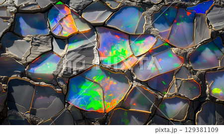 Colorful opal texture background highlighting the vibrant inner patterns and natural formations 129381109