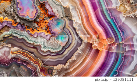 Natural opal surface with vibrant colors and intricate geological patterns 129381111