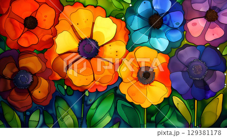 Colorful flowers blooming against a vibrant marble ink background in bright hues Colorful flowers blooming against a vibrant marble ink background in bright hues 129381178