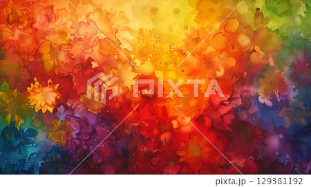 Vibrant floral abstract with marble ink texture in hues of red, gold, and blue Vibrant floral abstract with marble ink texture in hues of red, gold, and blue 129381192