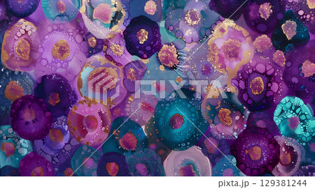 Abstract design featuring vibrant purple and turquoise marble ink patterns with golden accents 129381244