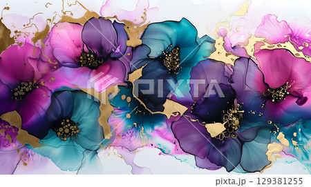 Colorful abstract floral design with marble ink background and gold accents 129381255