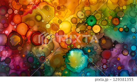 Colorful marble ink background with vibrant circular patterns and diverse shapes in bright hues 129381355