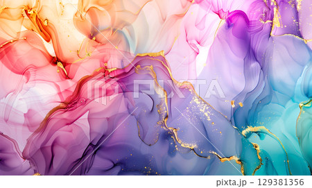 Swirling marble ink background in vibrant colors with gold accents for decorative use 129381356