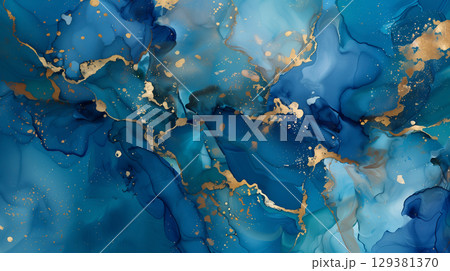 A vibrant marble ink background featuring shades of blue and gold swirls 129381370