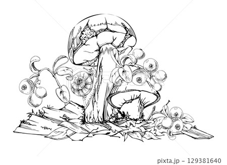 Suillus larch bolete slippery jack mushrooms with snail, cranberry lingonberry branches on top of autumn leaves pile with twigs, woodland ecosystem. Fungi nature illustration hand drawn in vector ink. 129381640