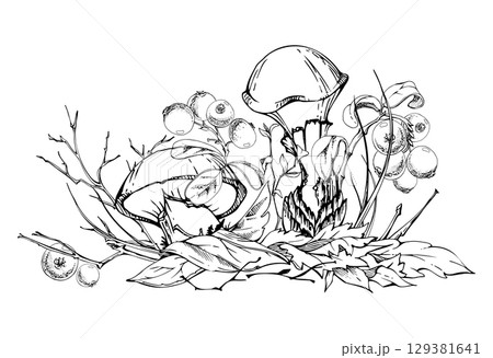 Suillus larch bolete slippery jack mushroom, cranberry lingonberry berries. Fungi on top of fallen autumn leaves with twigs needles. Hand drawn vector ink Illustration. Autumn woodland natural scene. 129381641